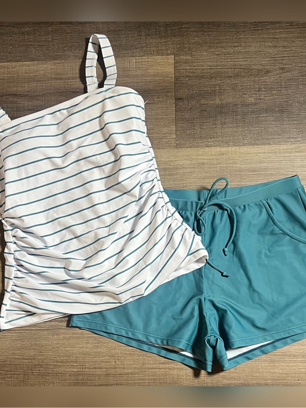 Women’s Green & White Tankini With Shorts Two Piece Swim Set
